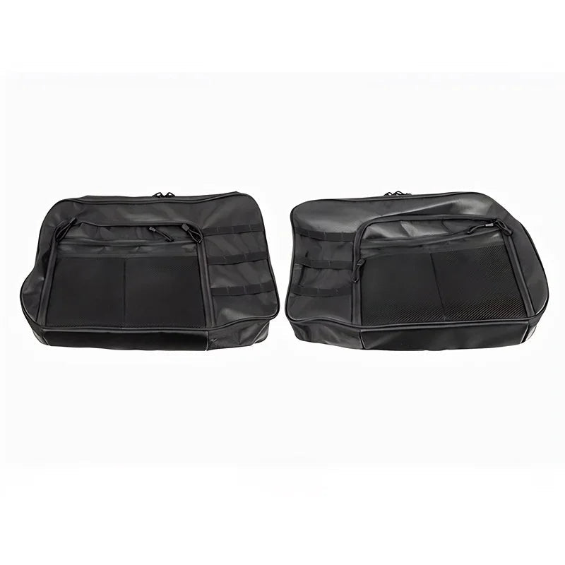 Pair of black heavy-duty fabric trunk organizer bags with mesh pockets for car storage.