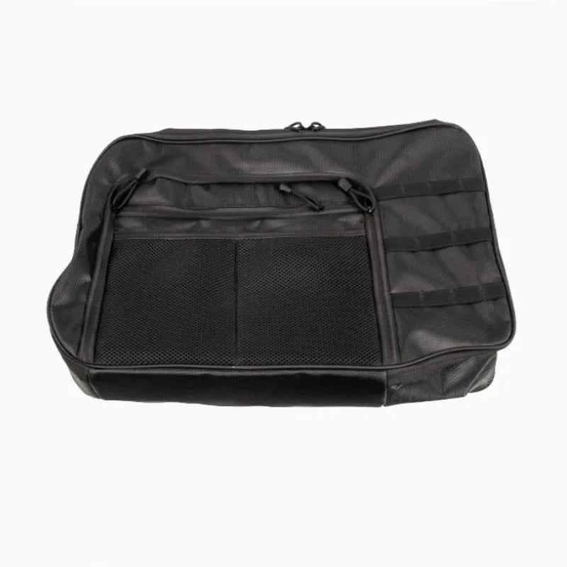 Black mesh durable car organizer bag with multiple storage pockets and compartments.