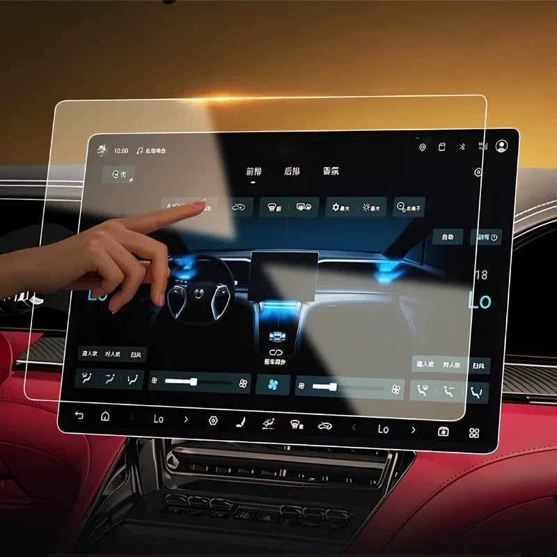 Transparent tempered glass screen protector for BYD car infotainment system, clear and durable.
