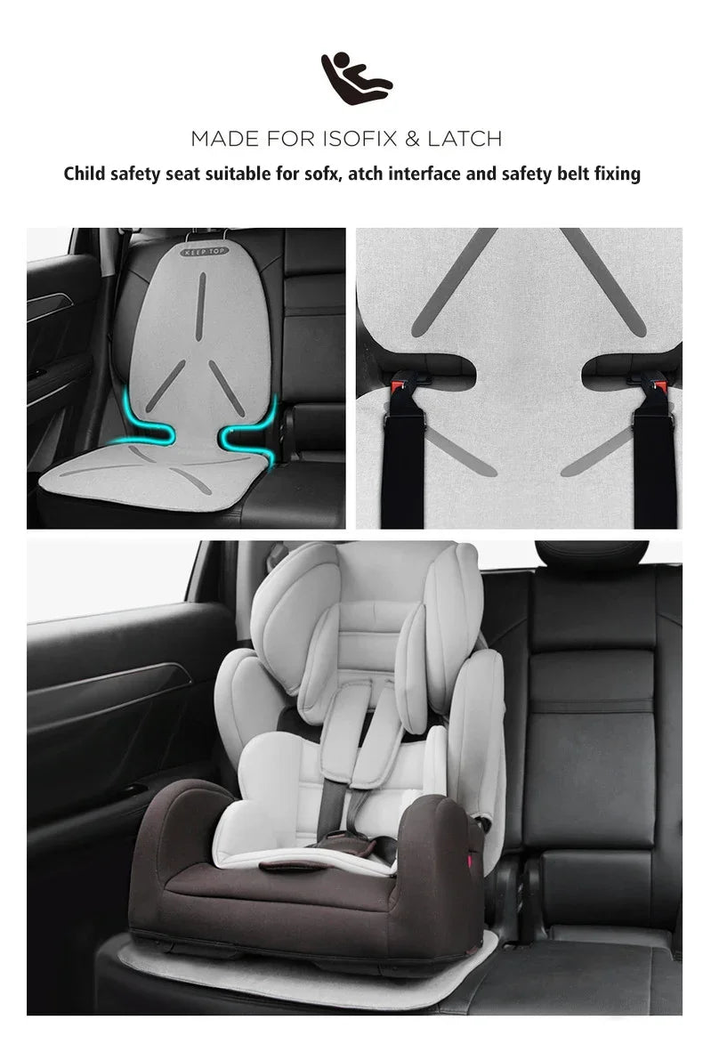 Light gray ISOFIX child safety seat with premium fabric, designed for secure car installation.