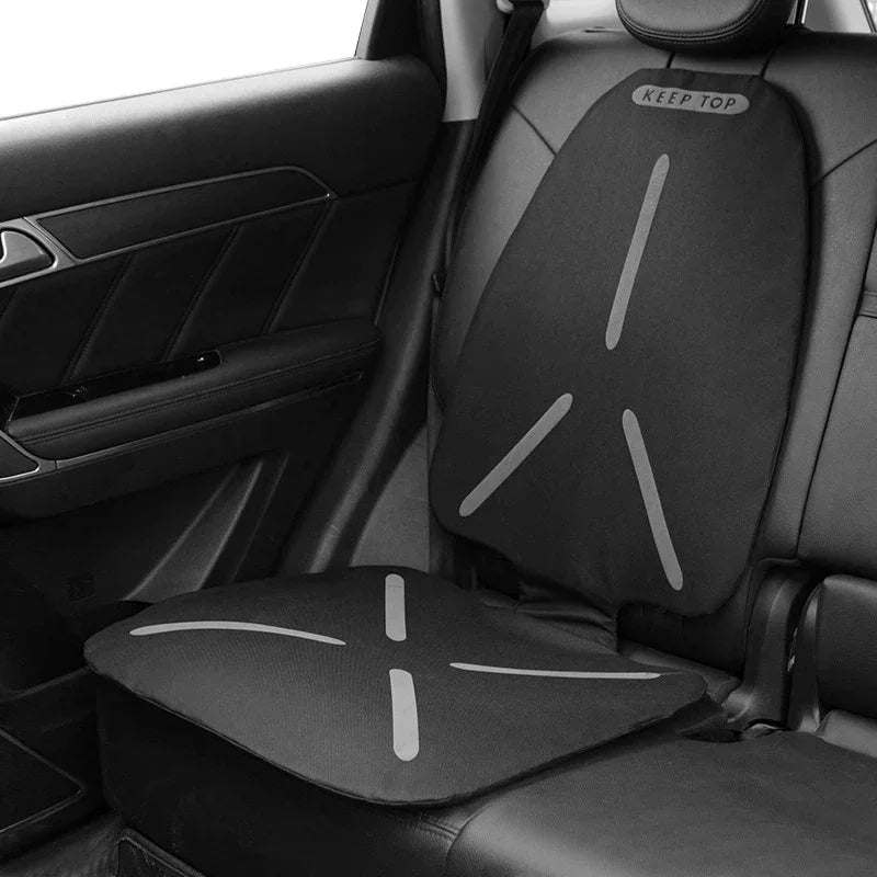 Black fabric car seat protector with grey reflective stripes for BYD interior protection.