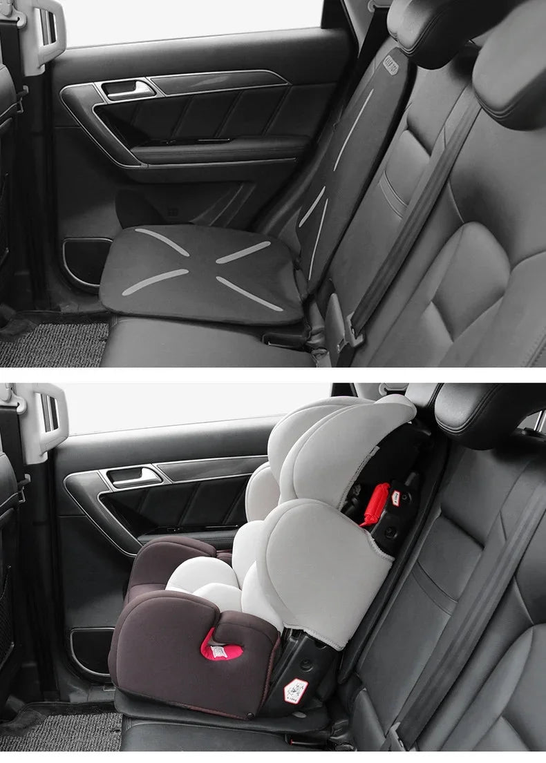 Black leather car seat protectors and a white and burgundy fabric baby car seat for BYD.