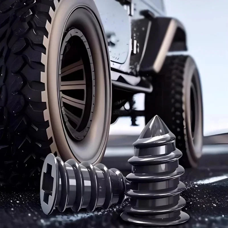Close-up of professional polished chrome steel screws beside a rugged off-road vehicle tire.