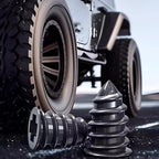 Close-up of professional polished chrome steel screws beside a rugged off-road vehicle tire.