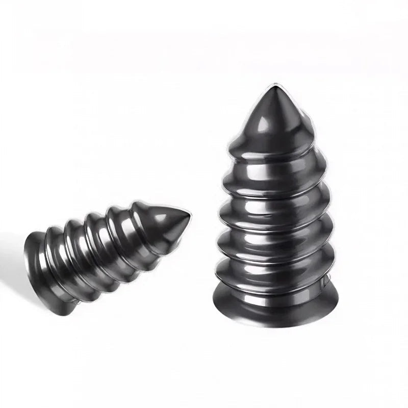 Two polished silver metallic screw-type fasteners with a smooth, reflective finish.
