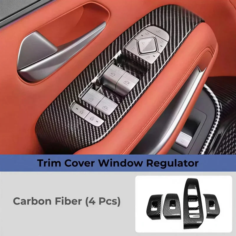 Black carbon fiber window regulator trim cover set for BYD interior protection.