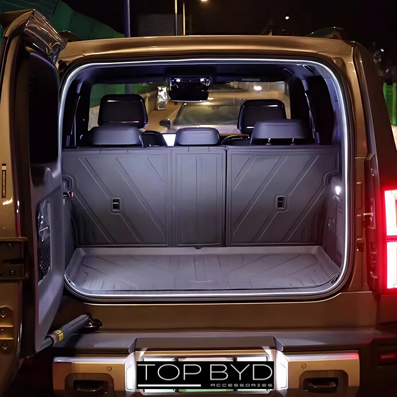 Grey durable custom-fit TPE cargo liner for BYD vehicle trunk, protecting interior surfaces.