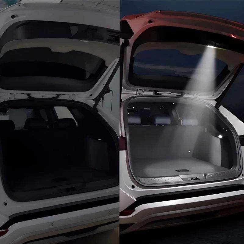 Comparison of dark and bright LED trunk lighting in a white car's cargo area.