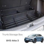 Black durable TPE trunk storage box organizer for BYD Atto 3 with multi-compartment design.
