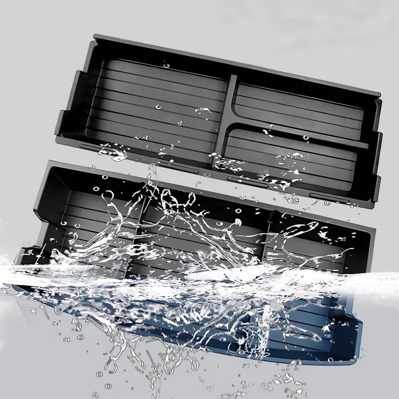 Black waterproof ABS organizer tray with splash-resistant material for car interior storage.