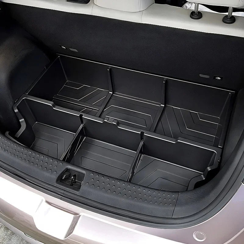 Professional black TPE custom-fit car trunk organizer with multi-compartment storage design.
