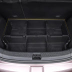 Black durable plastic car trunk organizer with multiple compartments for storage.
