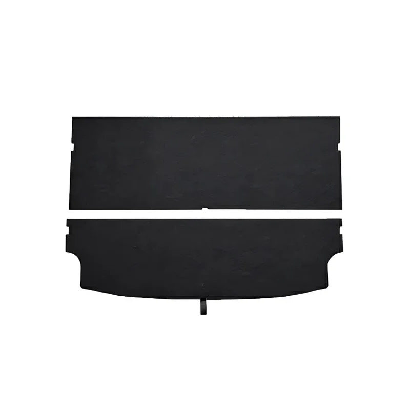 Two-piece black custom-fit car floor mats made of durable synthetic material.