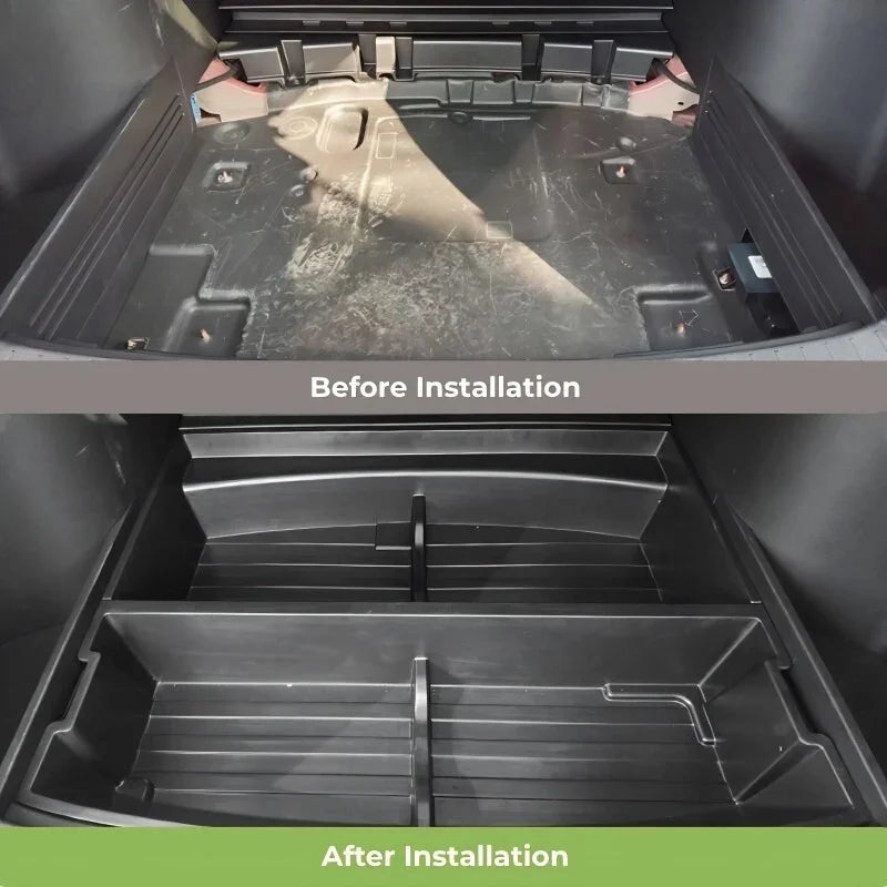 Black heavy-duty TPE trunk organizer tray installed in a car boot for clean protection.