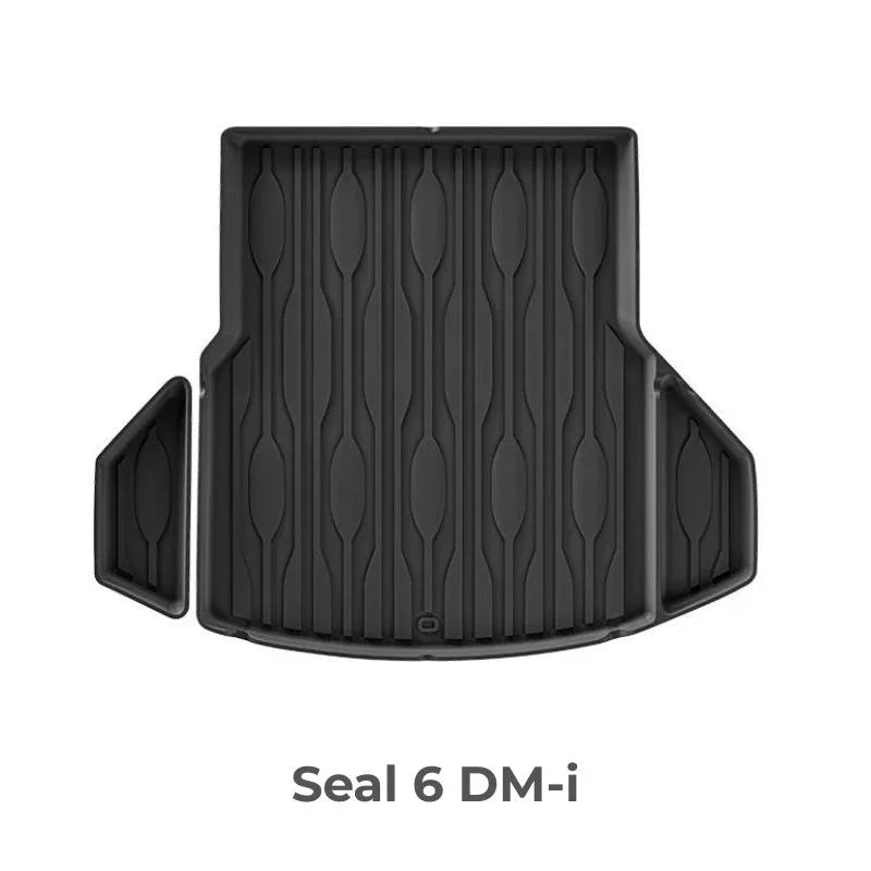 Black heavy-duty TPE waterproof trunk mat for BYD Seal 6 DM-i with anti-slip textured surface.