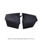 Two black plastic boot side storage boxes for car organization.