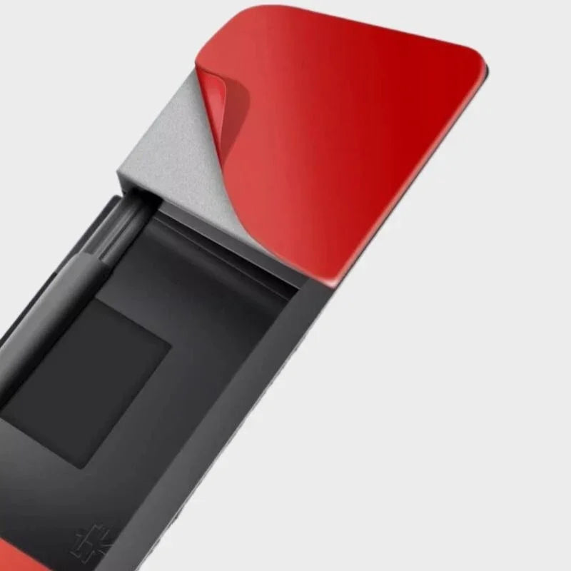Premium red matte leather cover on a sleek grey metallic storage case.