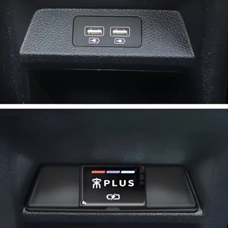 Black textured interior console featuring dual USB charging ports and a sleek PLUS control button.