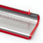 Red-trimmed stainless steel tray with a perforated design for vehicle protection.