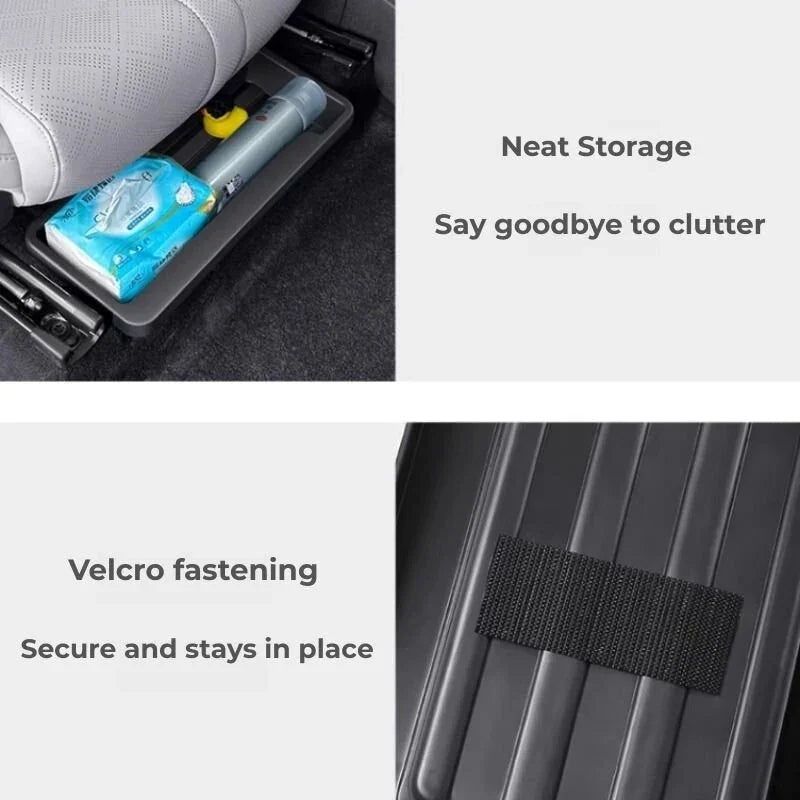Black car seat storage tray featuring a textured surface and secure Velcro fastening.