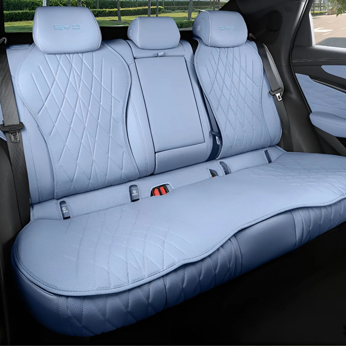Light blue quilted faux leather custom car seat covers for BYD rear seats
