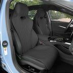 Custom black quilted leather car seat covers with diamond stitching for interior protection.