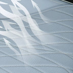 Close-up of breathable perforated light grey leather car seat material with air flow illustration.