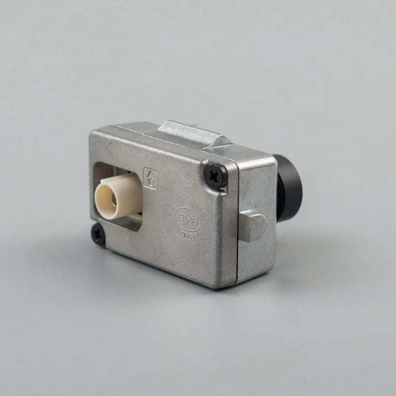 Professional silver metallic BYD automotive component with a white plastic insert and black nozzle.
