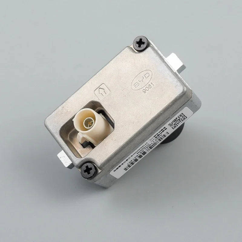 Professional silver metal BYD automotive electronic component with white connector and screw mounts.