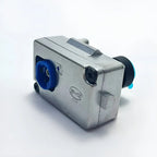 Professional silver metal connector with a distinctive blue plastic port and black knob.