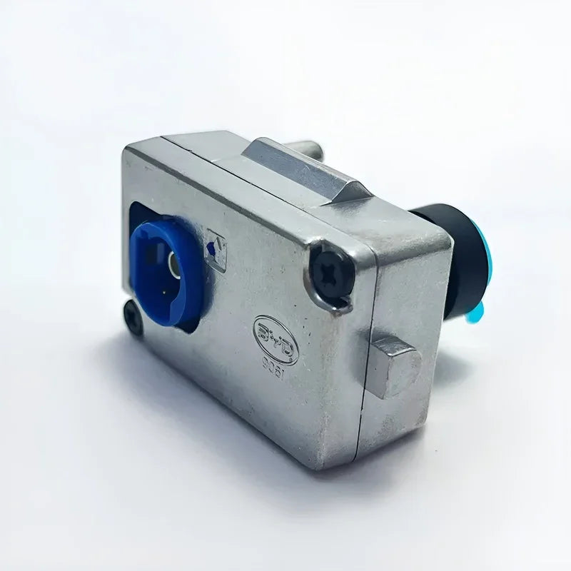 Professional silver metal connector with a distinctive blue plastic port and black knob.