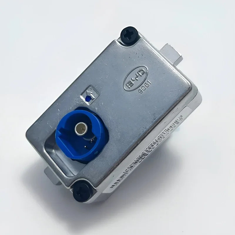 BYD 9061 silver metal electrical connector with a blue socket and black mounting screws
