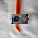 Silver metallic BYD automotive component with a blue circular connector on a white background.