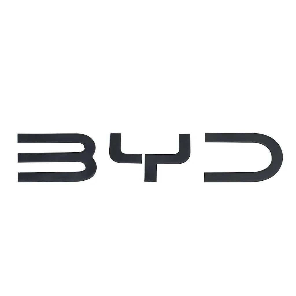 Matte black BYD emblem badge made of premium durable material for car exterior styling.