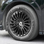 Black multi-spoke alloy wheel with Michelin Primacy tire on a dark vehicle.
