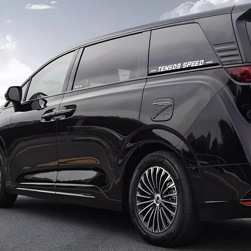 Sleek black BYD MPV featuring tinted windows and a stylish white TENS09 SPEED decal.