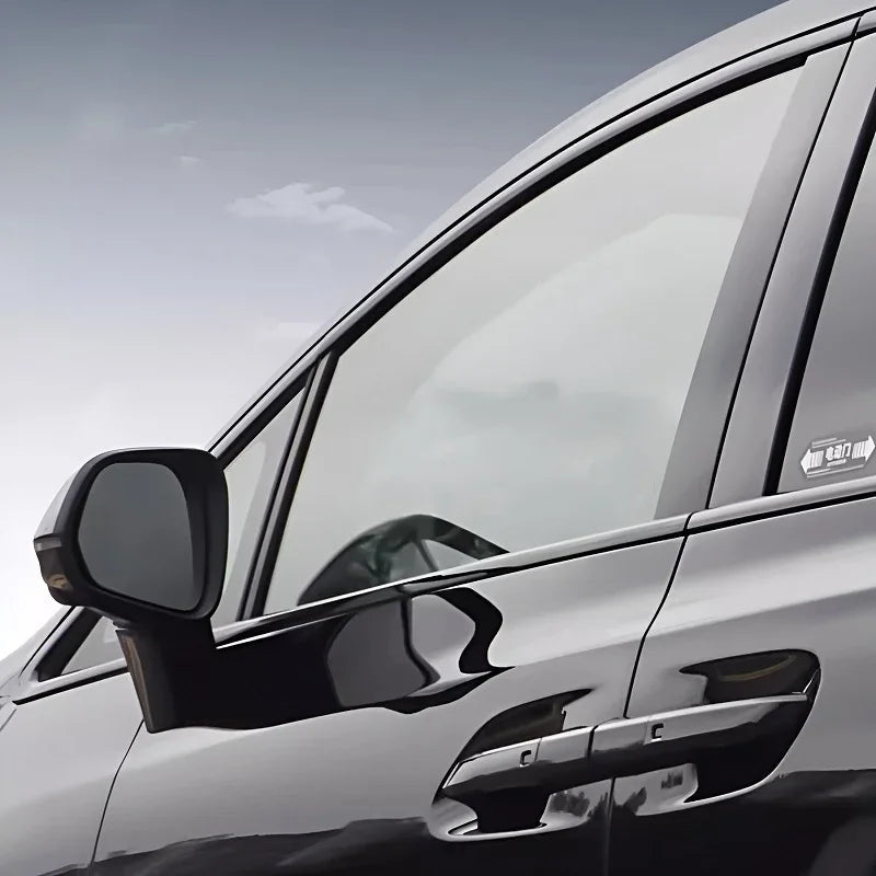 Close-up view of a sleek black car door with a glossy finish and side mirror against a clear sky.
