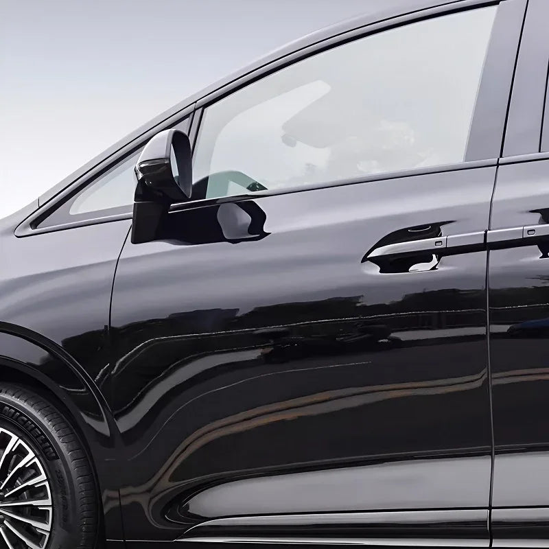 Sleek black car door featuring high-gloss finish and integrated chrome door handle accents.