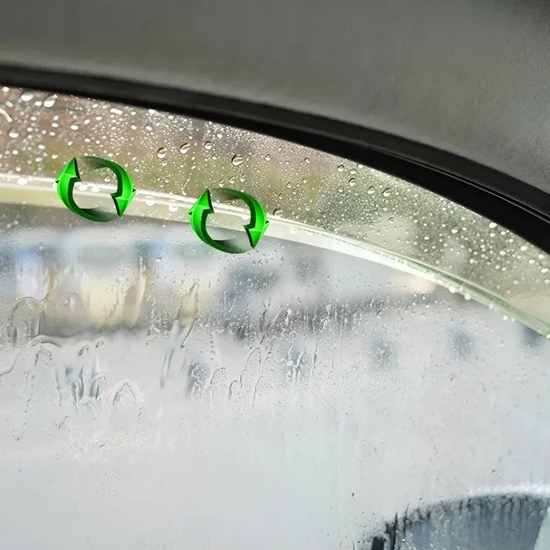 Water-repellent clear glass coating with green recycling icons on a wet car window.