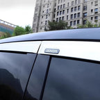 Close-up of a silver DENZA emblem on a sleek black vehicle roofline against an urban building background.