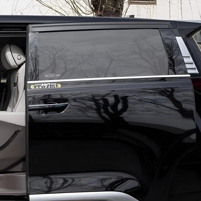 Black car door with a sleek chrome accent trim and tinted windows.