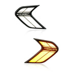 Two black BYD DESIGN door sill protector plates, one unlit and one illuminated with warm yellow light.