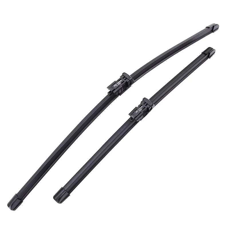 Set of two professional black composite frame windshield wiper blades for cars.