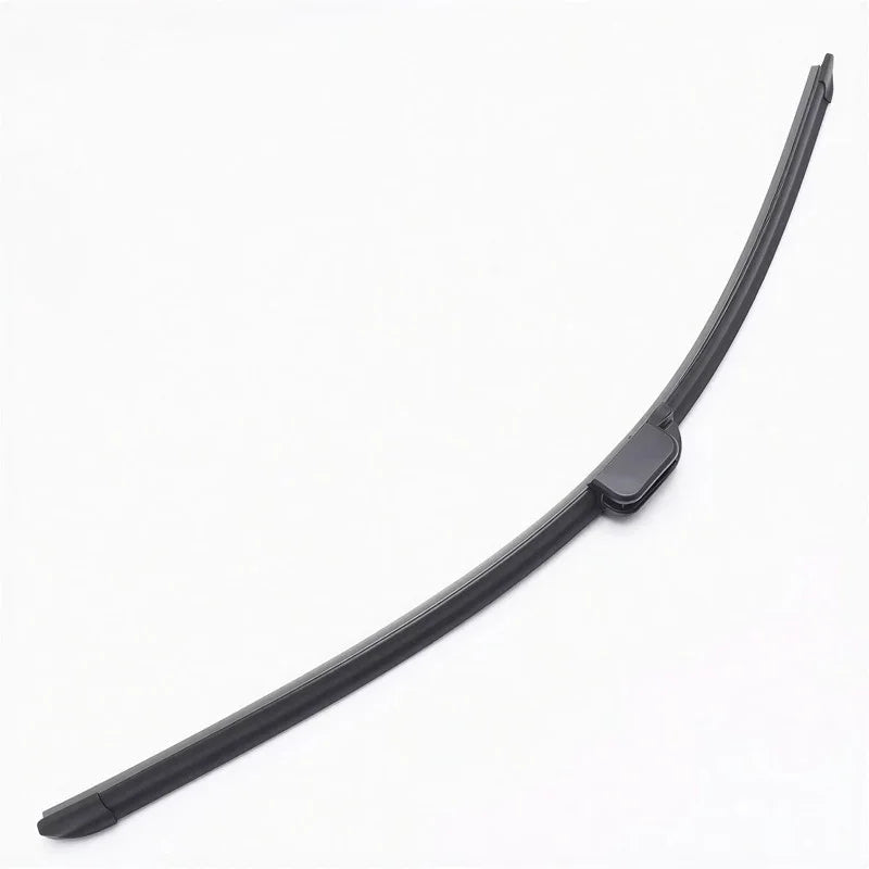 Curved black rubber windshield wiper blade for automotive visibility and protection.