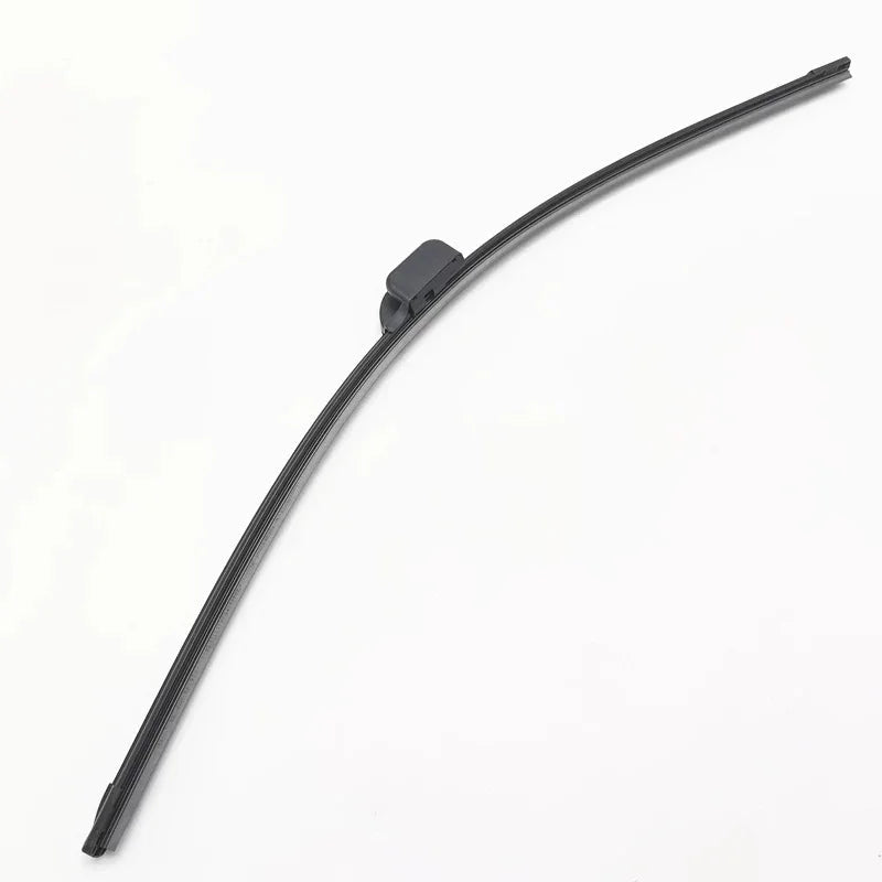Curved black rubber automotive wiper blade for clear windshield visibility.