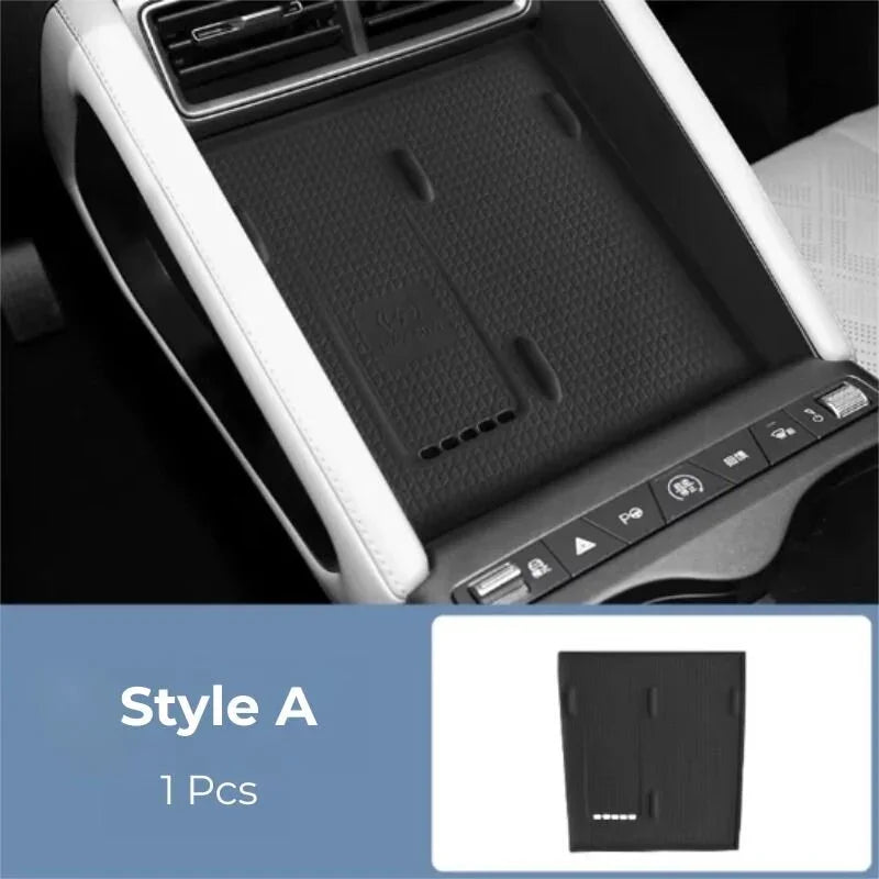 Black non-slip rubber center console storage tray for BYD car interior, Style A.