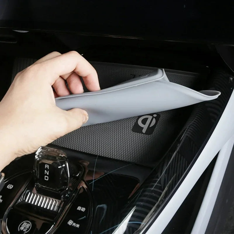 Grey silicone center console mat for BYD, providing durable protection against spills and wear.