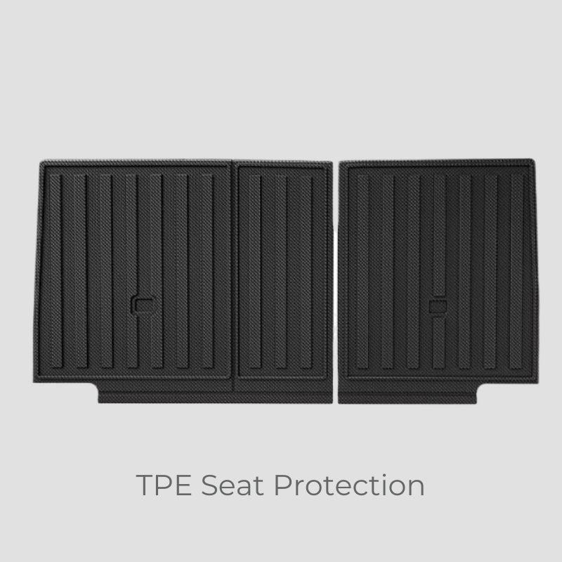 Professional black TPE seat protection mats with ribbed texture for car interiors.