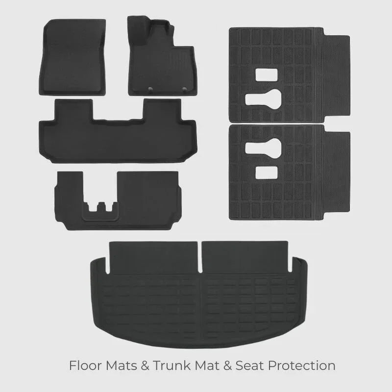 Black heavy-duty TPE floor mats, trunk mat, and seat protectors for custom car interior protection.