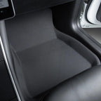Black textured anti-slip floor mat for car footwell protection.